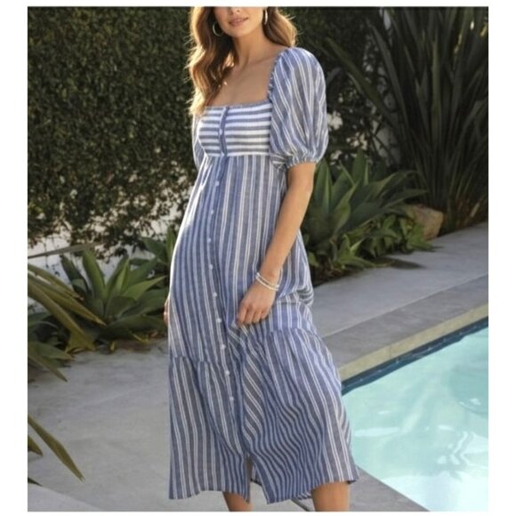 NWOT Emerson Fry Love, Tomas Santiago Maxi Dress Sz M/L Blue Striped Cottagecore - Picture 1 of 10
